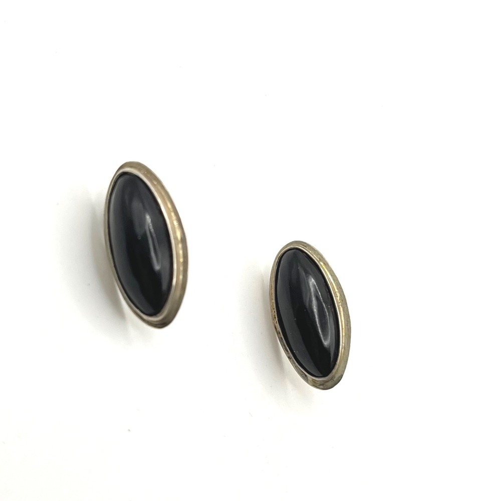 Vintage Black Onyx Oval Stud Earrings Silver Tone Minimalist Cabochon Post